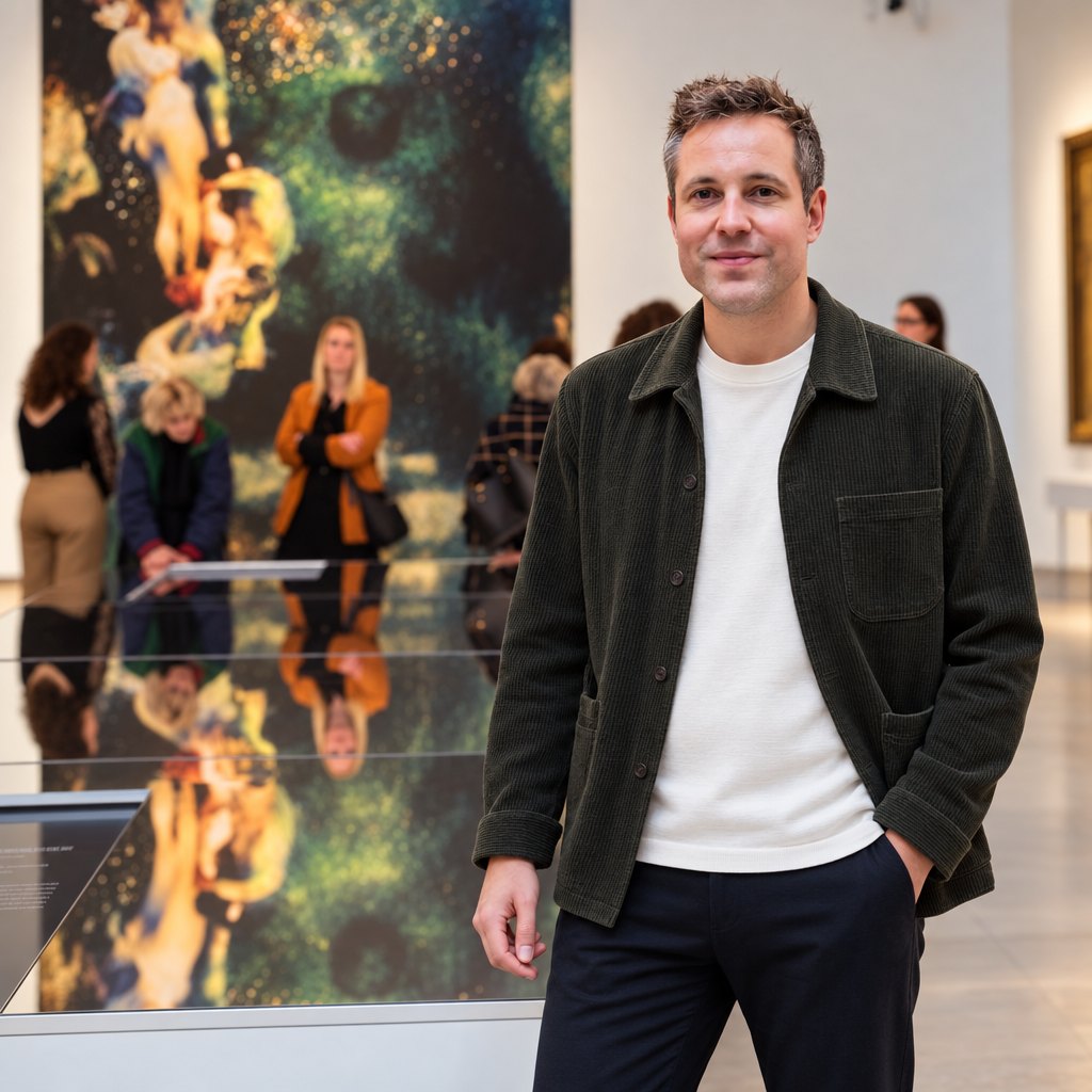 Emil Wallner in a gallery, in front of a large colorized photograph